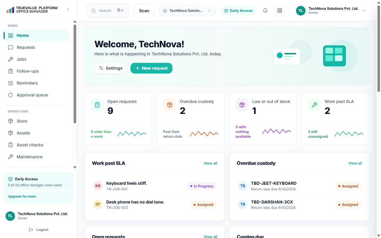 Office Manager screen for the TechNova sample company